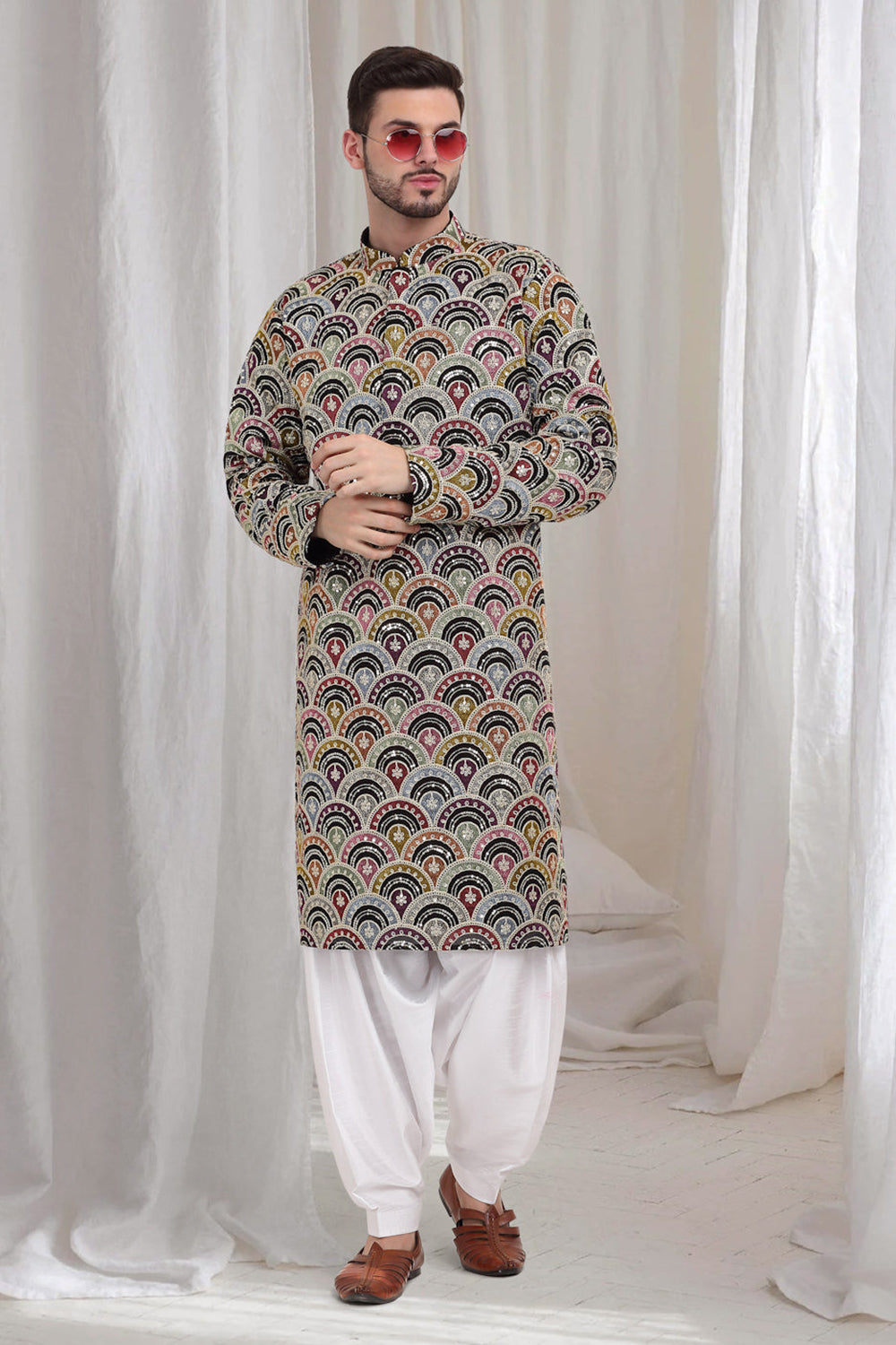 Chandravali Multi Color Scallop FloralKurta With Patiala - Black