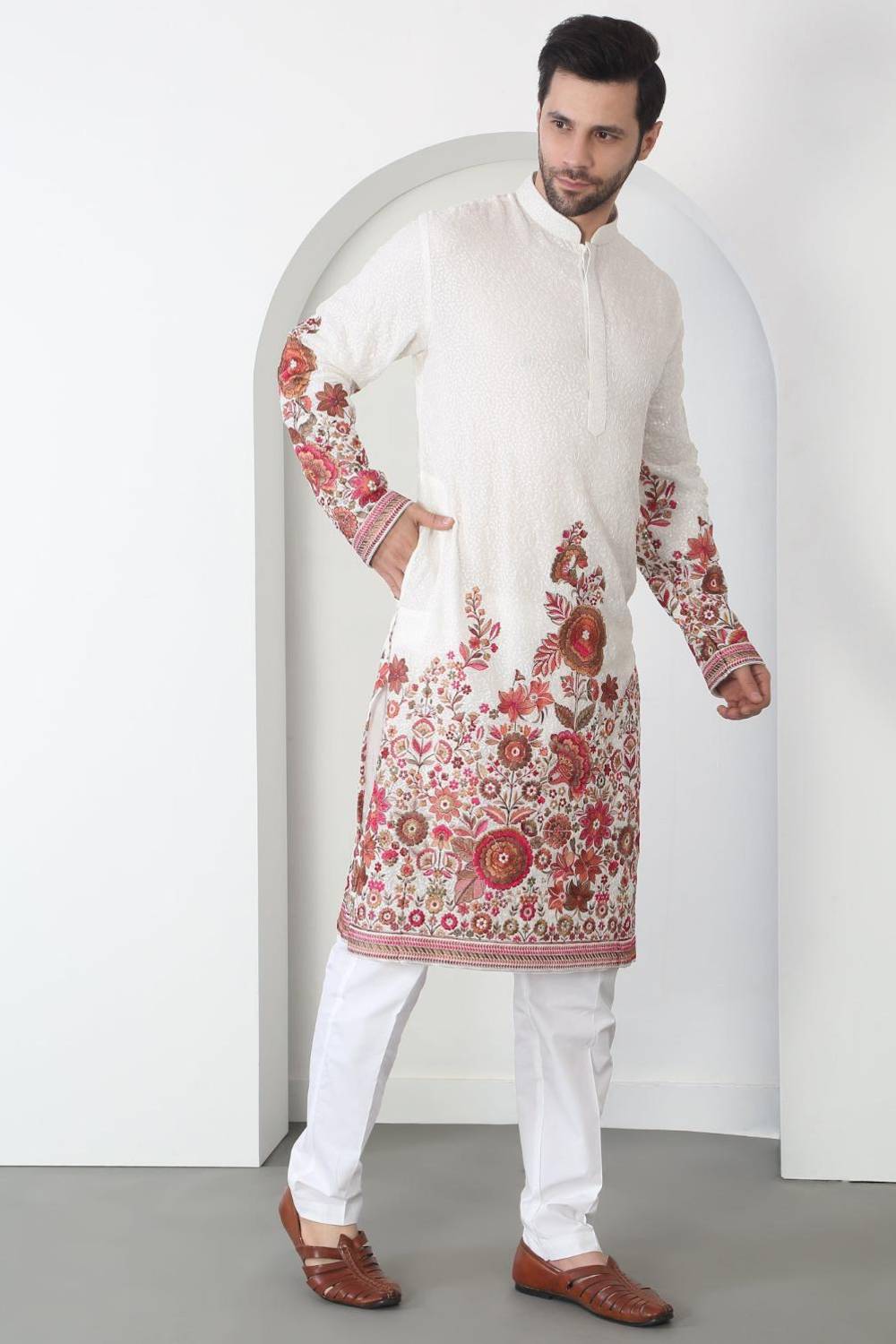 Kalki White Cotton Embroidered Floral Thread Kurta Set