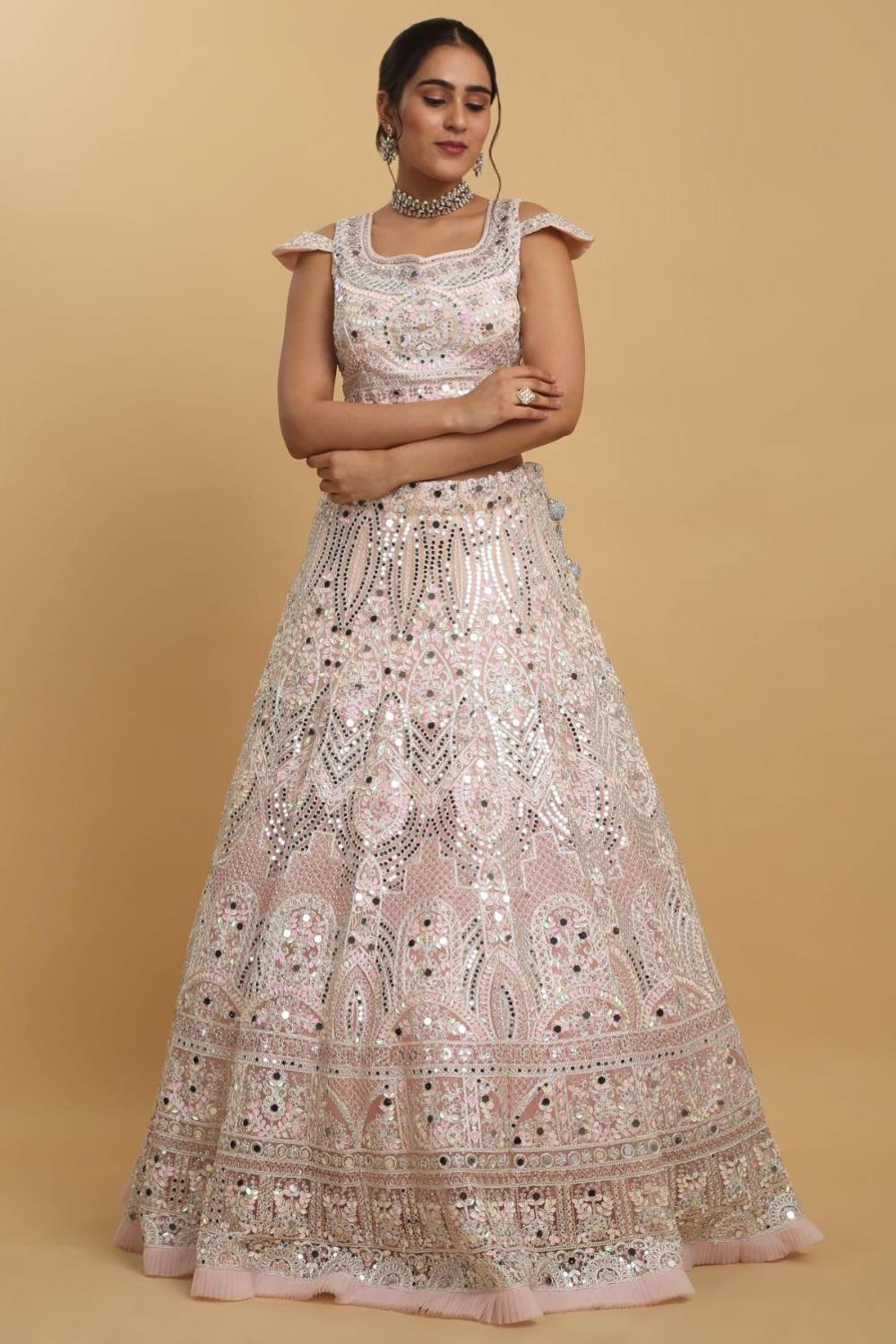 Shahi Mirror Embroidered Layered Lehenga Set