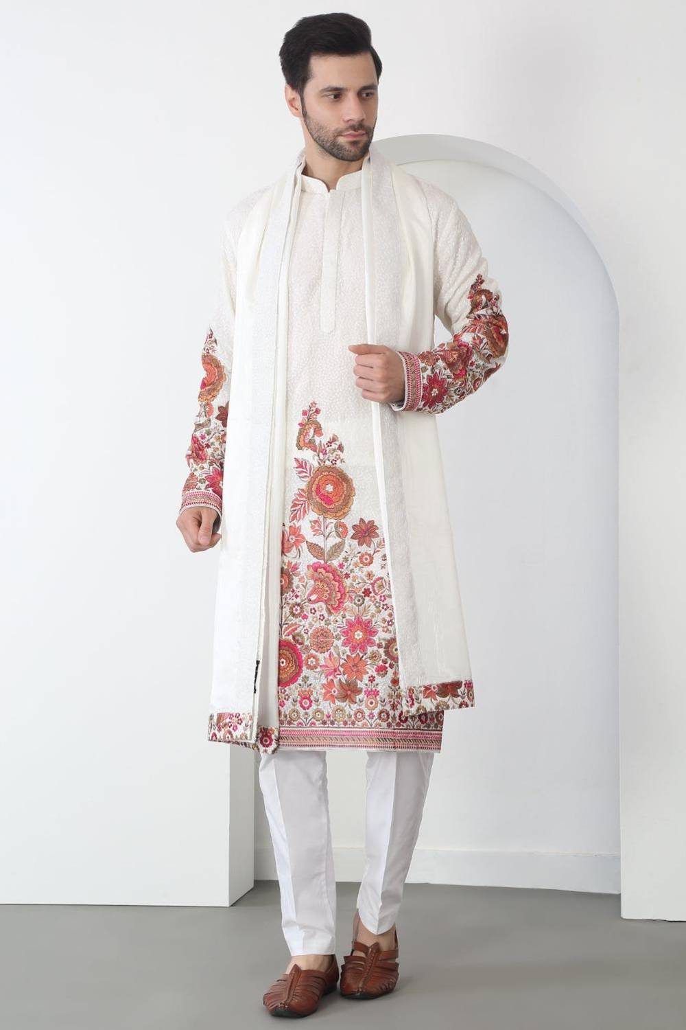 Kalki White Cotton Embroidered Floral Thread Kurta Set