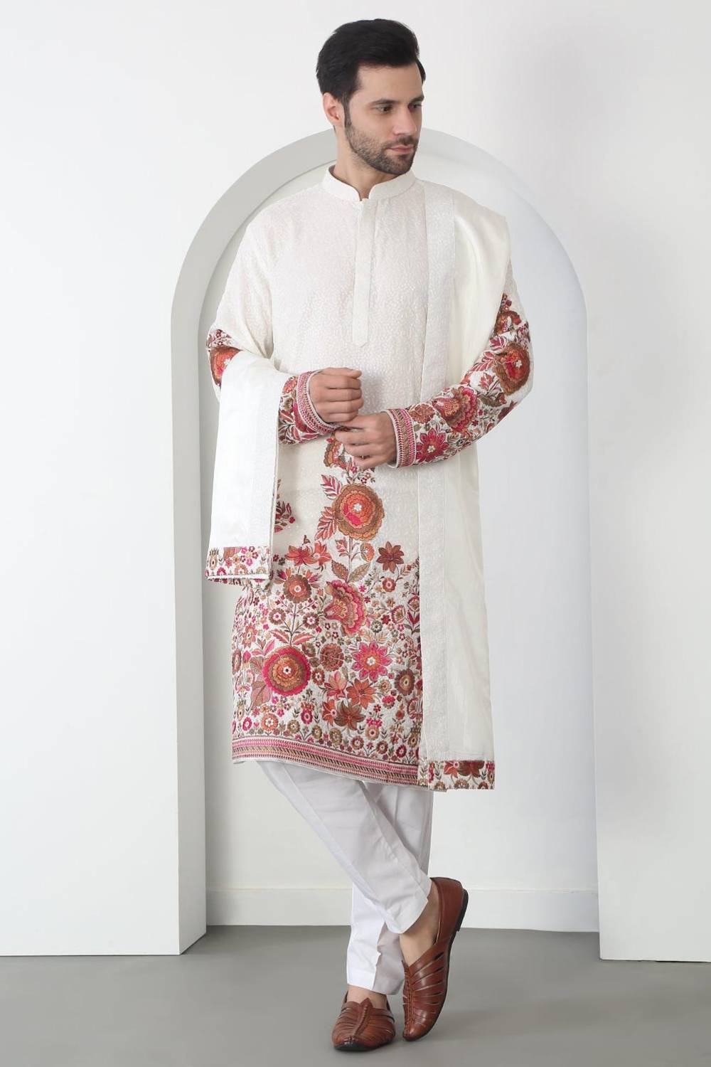 Kalki White Cotton Embroidered Floral Thread Kurta Set