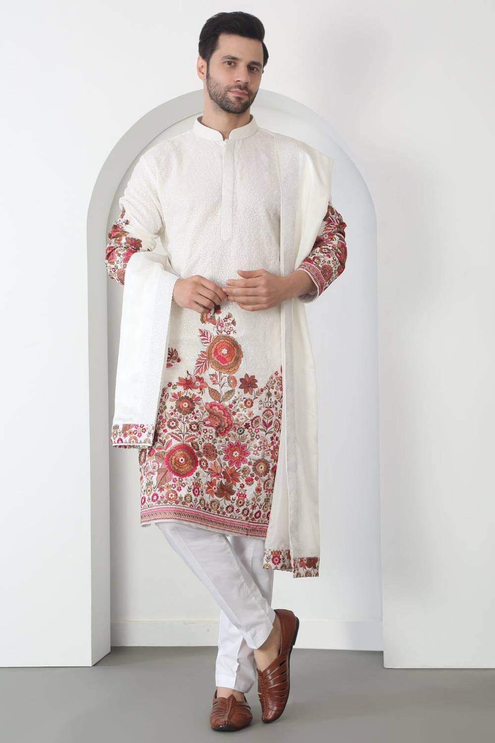 Kalki White Cotton Embroidered Floral Thread Kurta Set