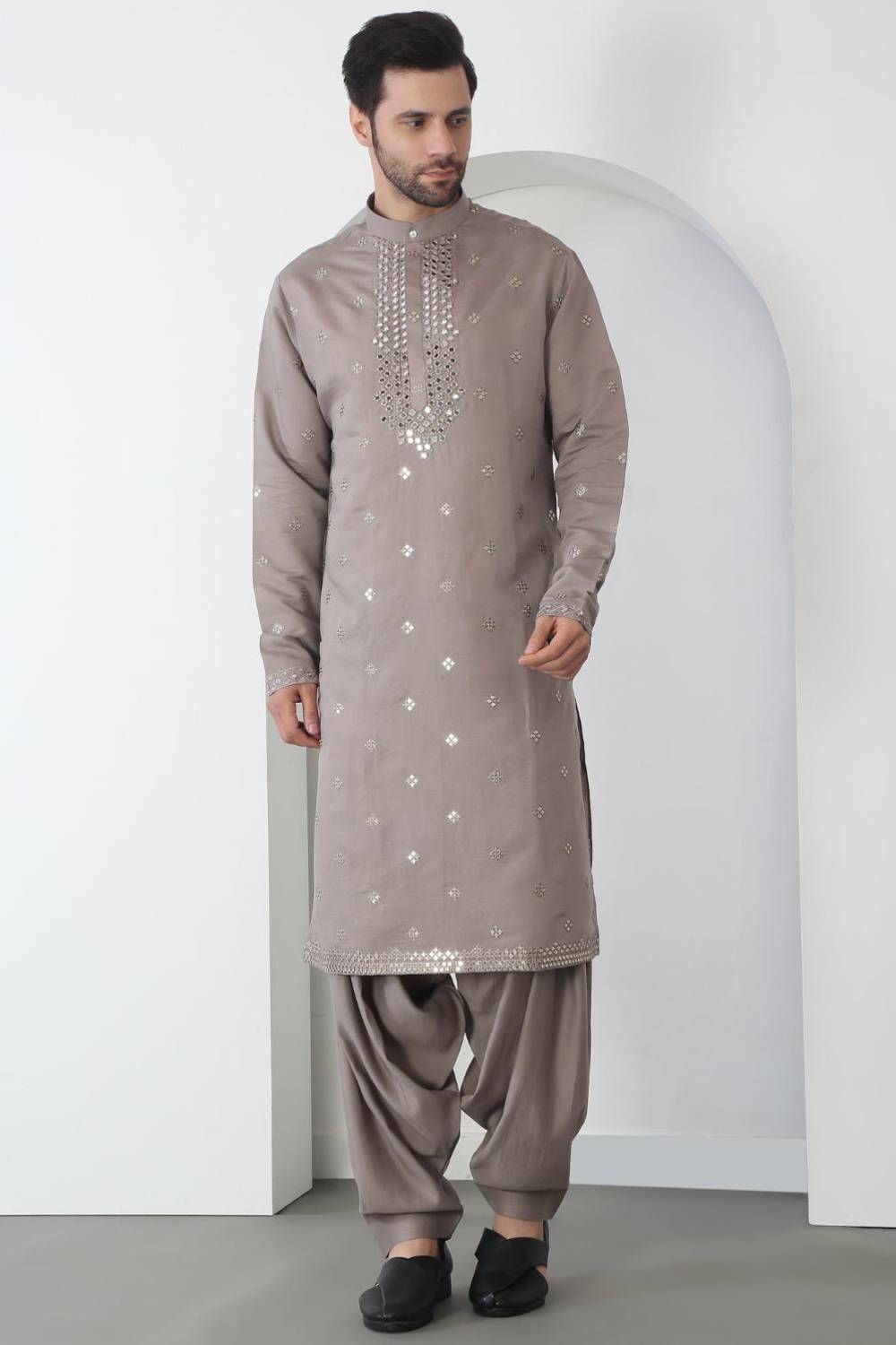 Aham Grey Cotton Embroidered Thread Grey Mirror Kurta Patiala Set