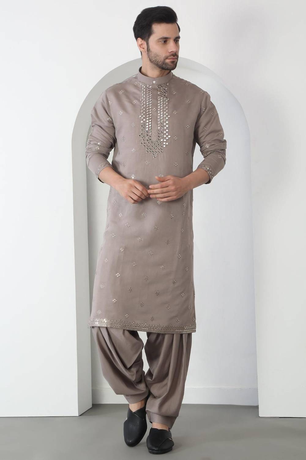 Aham Grey Cotton Embroidered Thread Grey Mirror Kurta Patiala Set