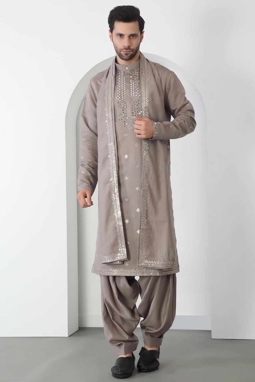 Aham Grey Cotton Embroidered Thread Grey Mirror Kurta Patiala Set