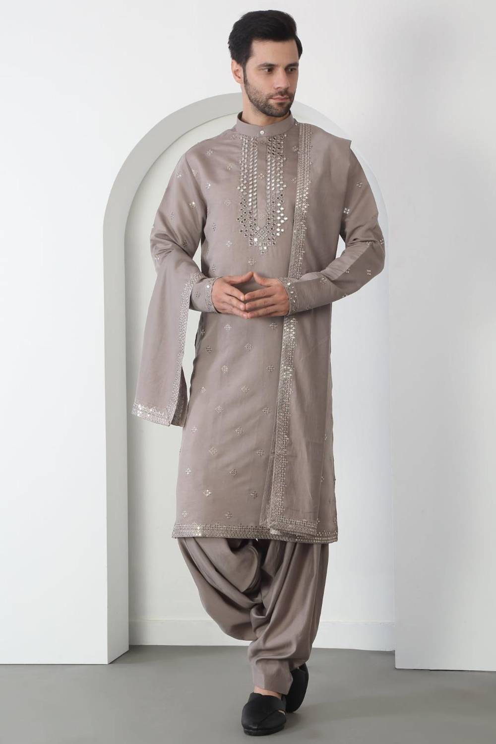 Aham Grey Cotton Embroidered Thread Grey Mirror Kurta Patiala Set