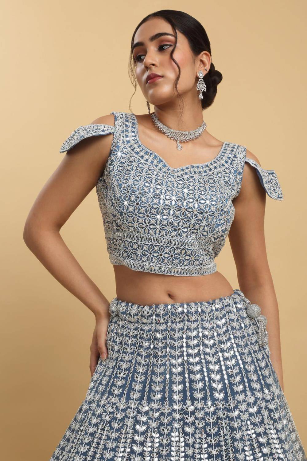 Suhana Mirror Embroidered Leaf Neck Lehenga Set