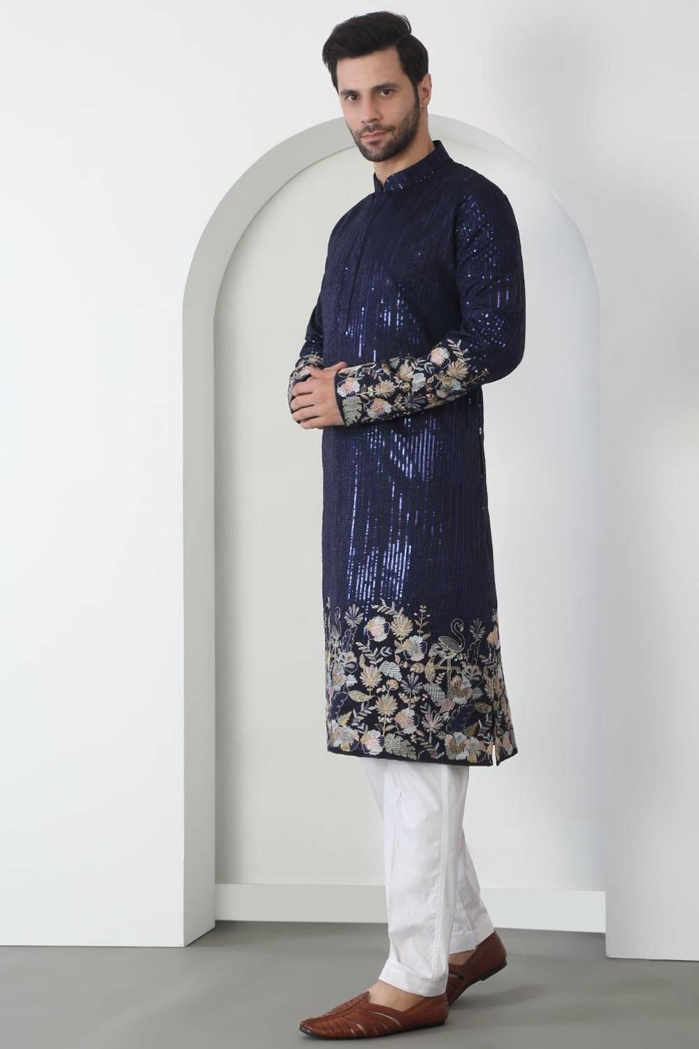 Neelkamal Dark Blue Cotton Embroidered Floral Thread Kurta Set With Dupatta