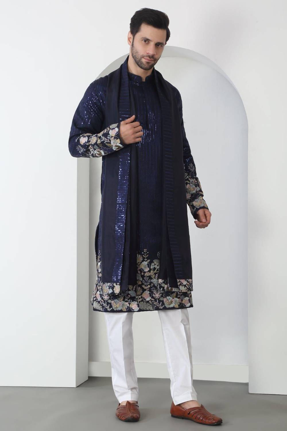 Neelkamal Dark Blue Cotton Embroidered Floral Thread Kurta Set With Dupatta