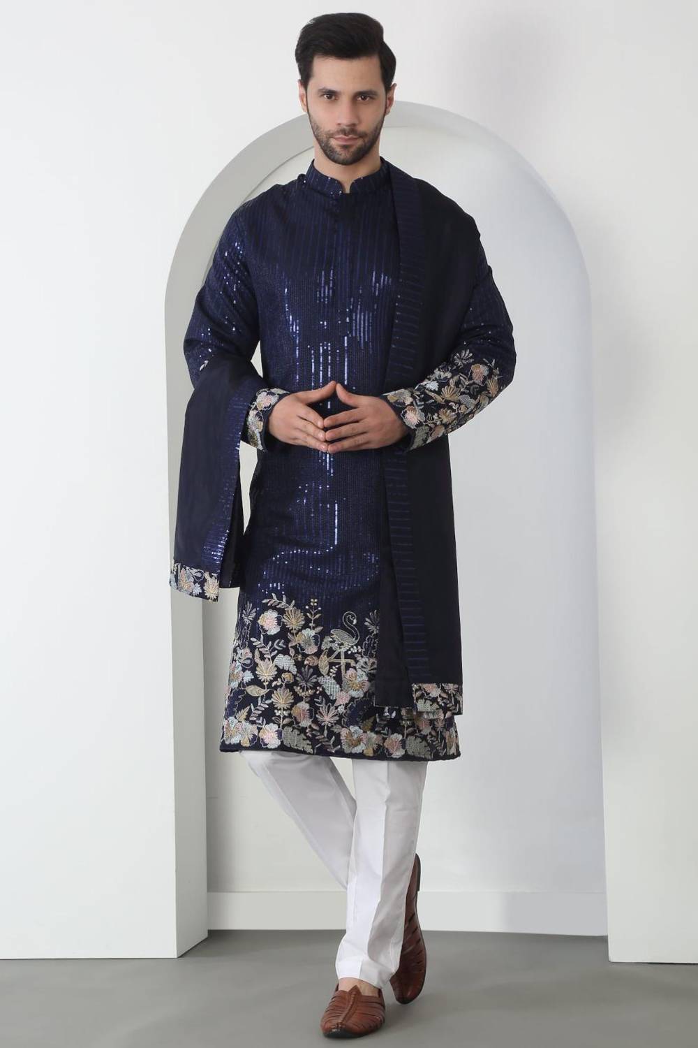 Neelkamal Dark Blue Cotton Embroidered Floral Thread Kurta Set With Dupatta