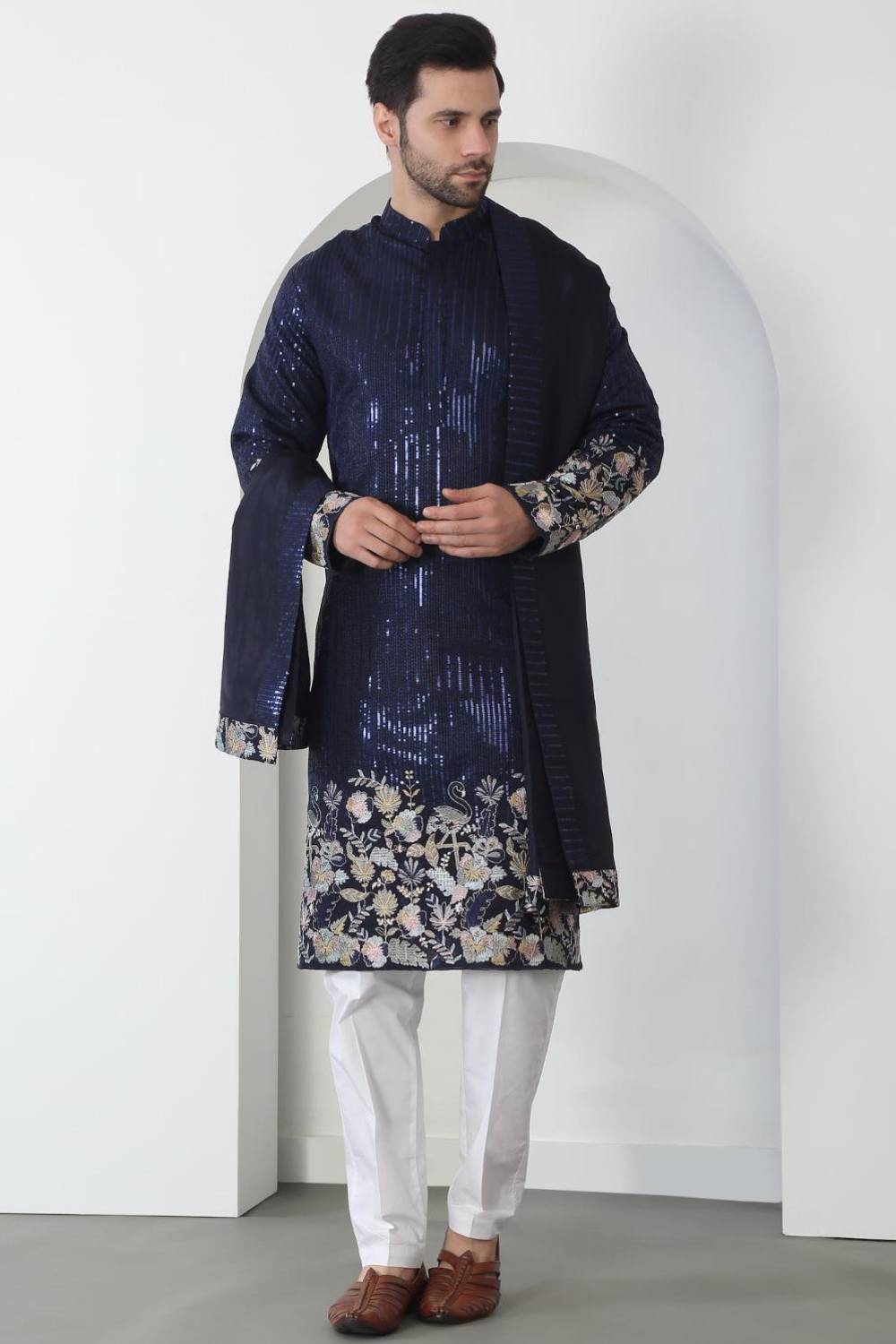 Neelkamal Dark Blue Cotton Embroidered Floral Thread Kurta Set With Dupatta