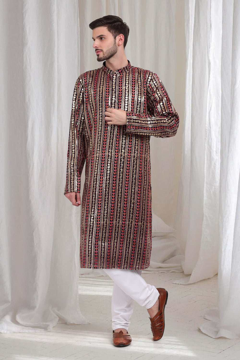 Jalsa Embroidered Linear Floral Kurta Churidar Set - Dark Wine