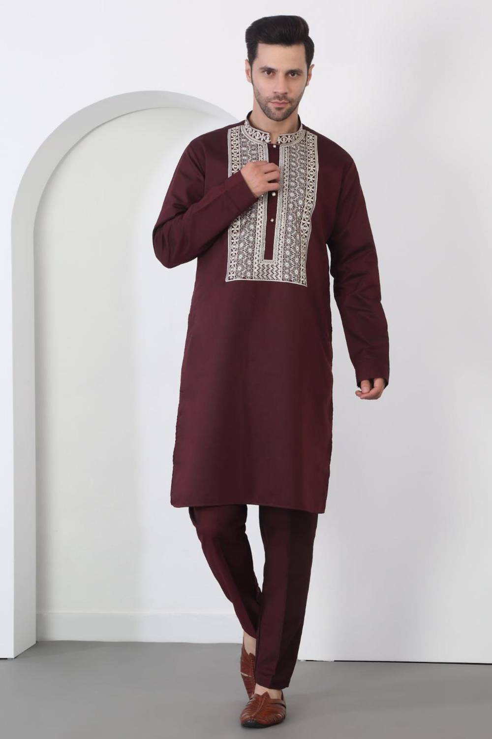 Nawaab Embroidered  Kurta Dupatta Pants Set - Dark Wine