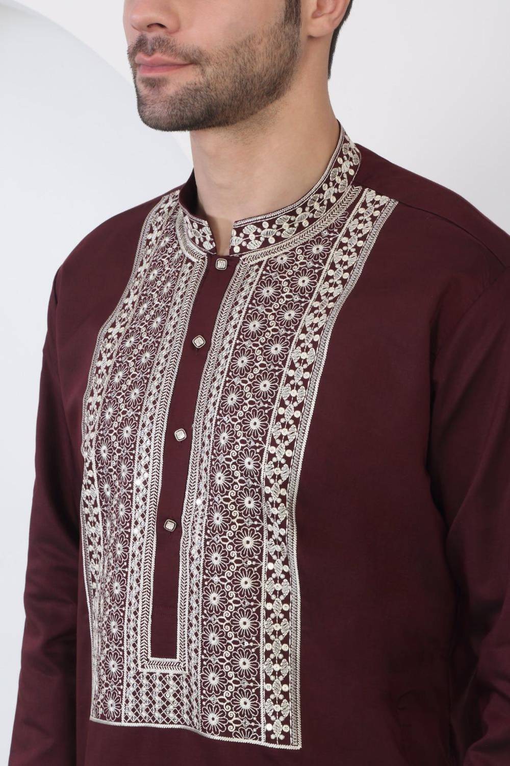 Nawaab Embroidered  Kurta Dupatta Pants Set - Dark Wine