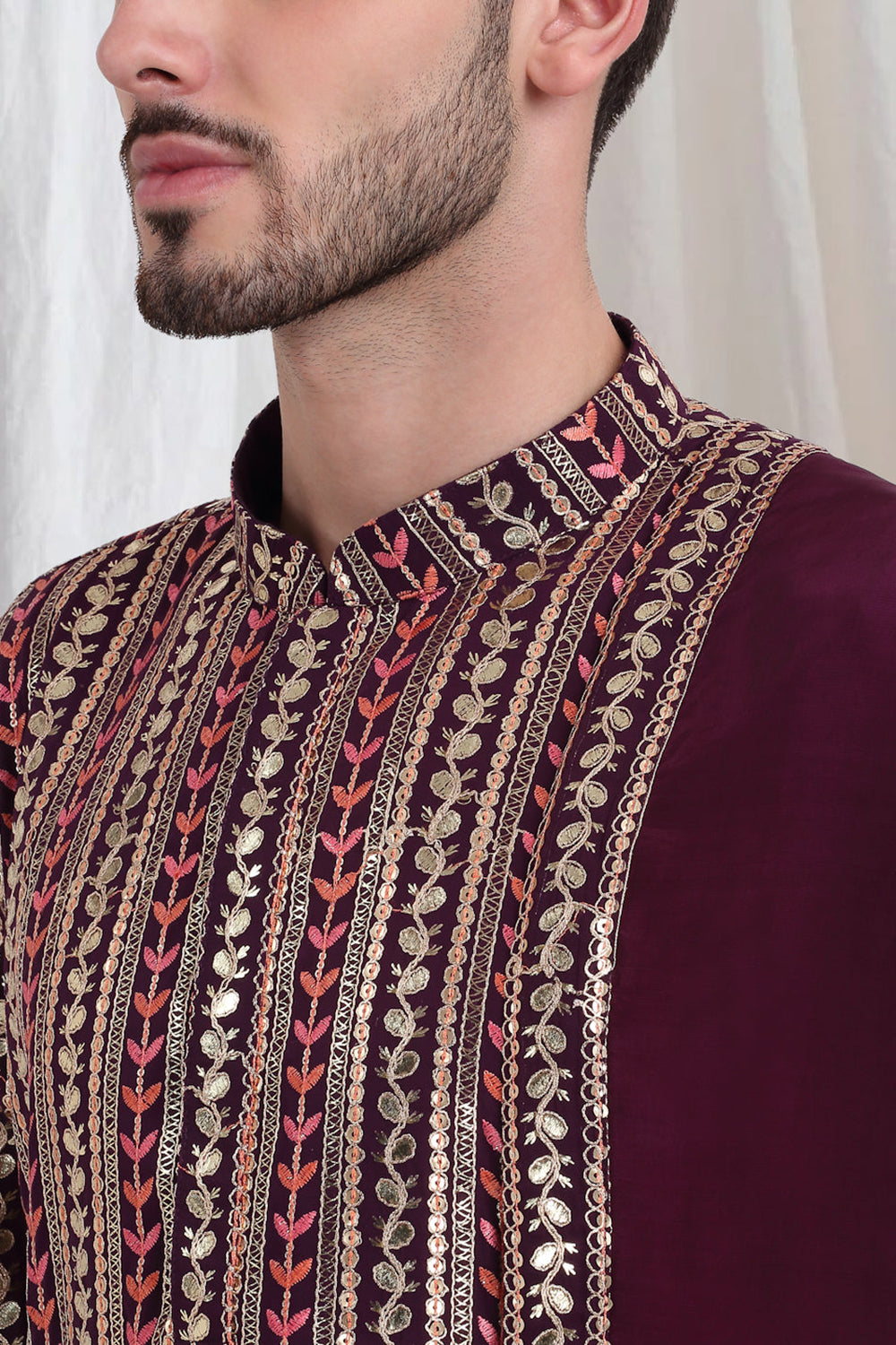 Jalsa Embroidered Linear Floral Kurta Churidar Set - Dark Wine