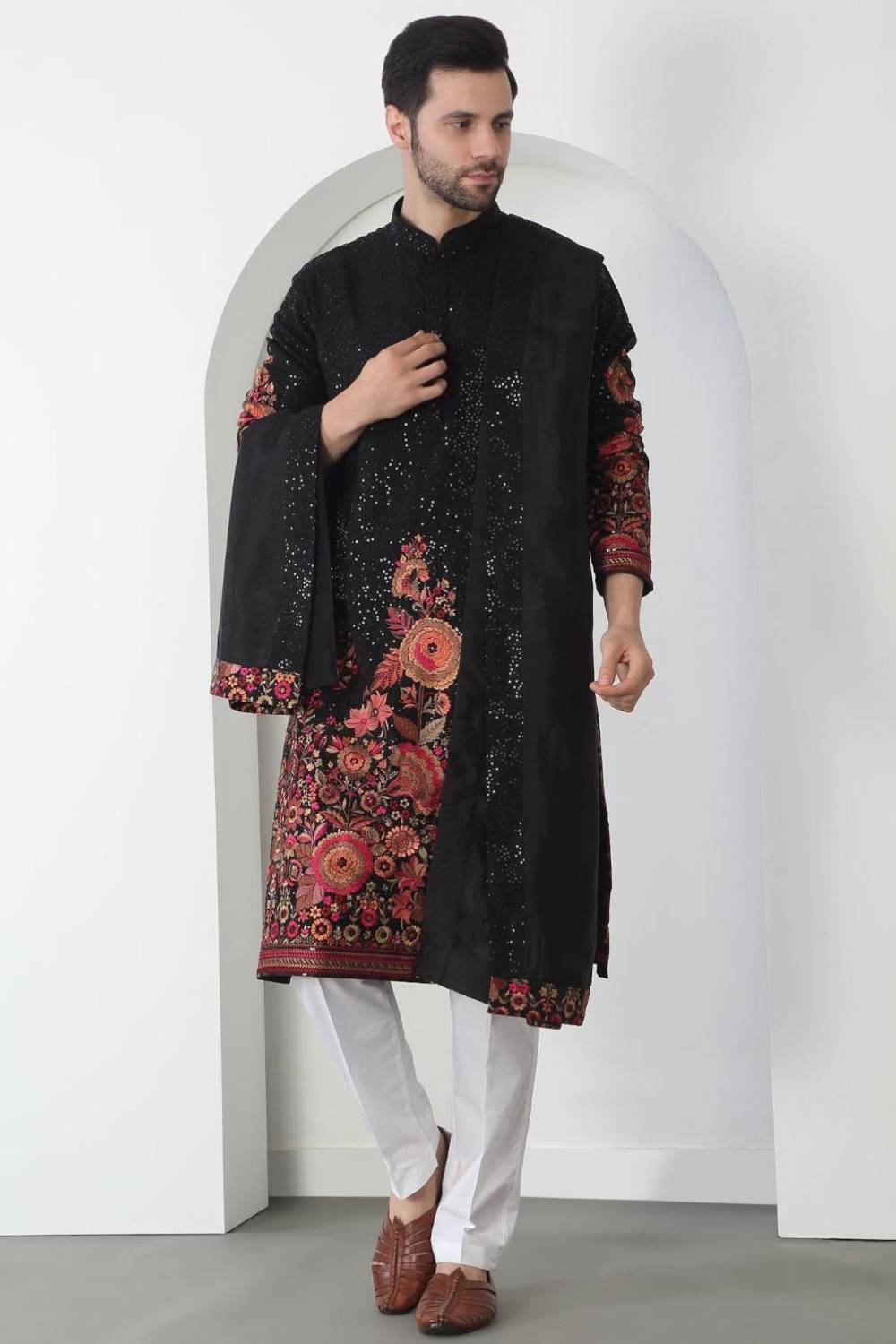 Kalki Black Cotton Embroidered Floral Kurta Set