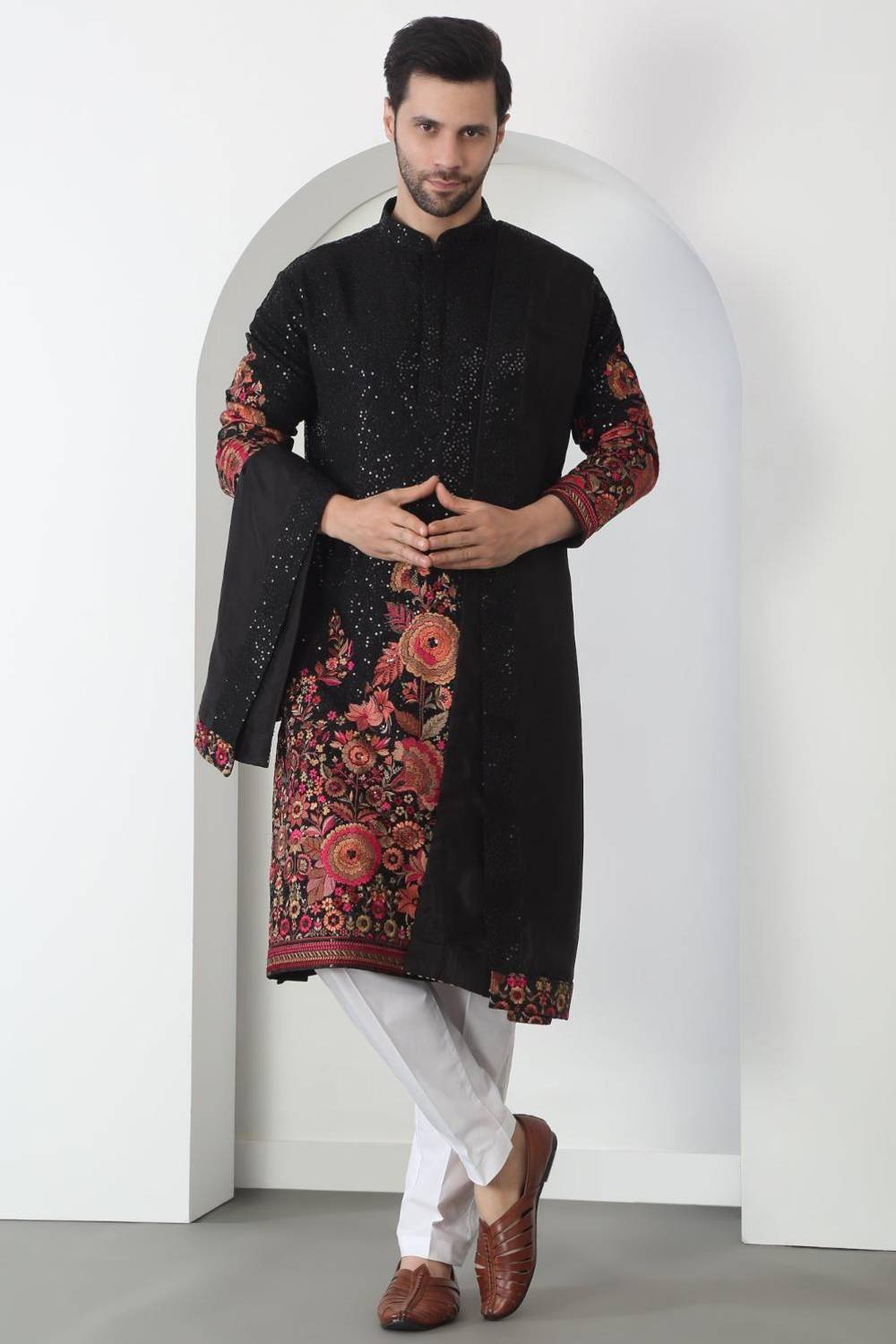 Kalki Black Cotton Embroidered Floral Kurta Set