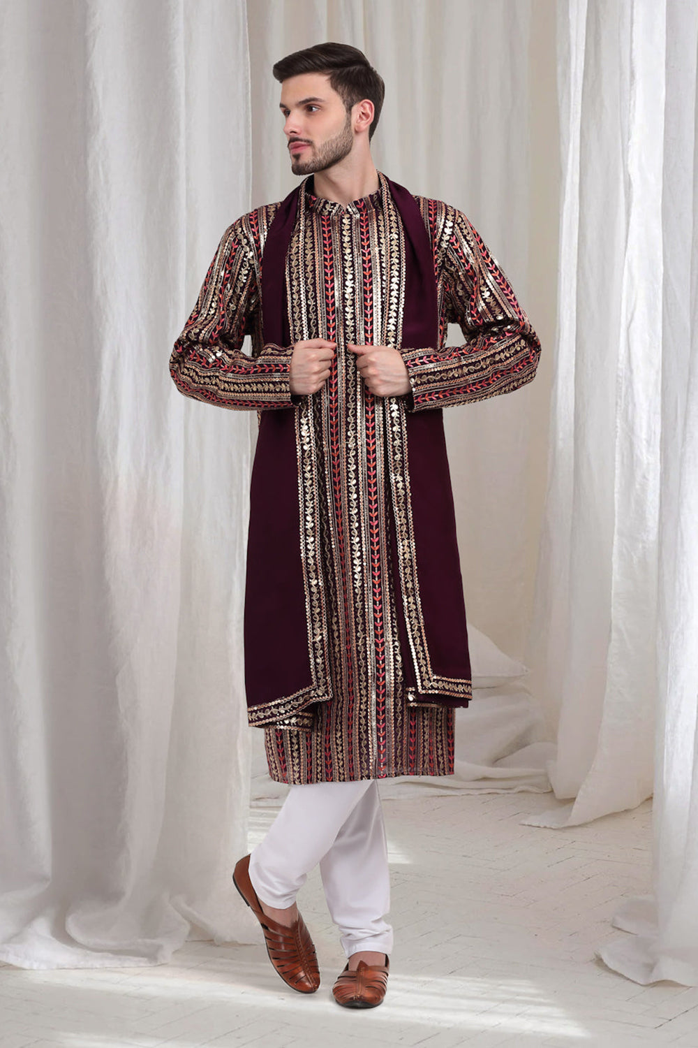 Jalsa Embroidered Linear Floral Kurta Churidar Set - Dark Wine