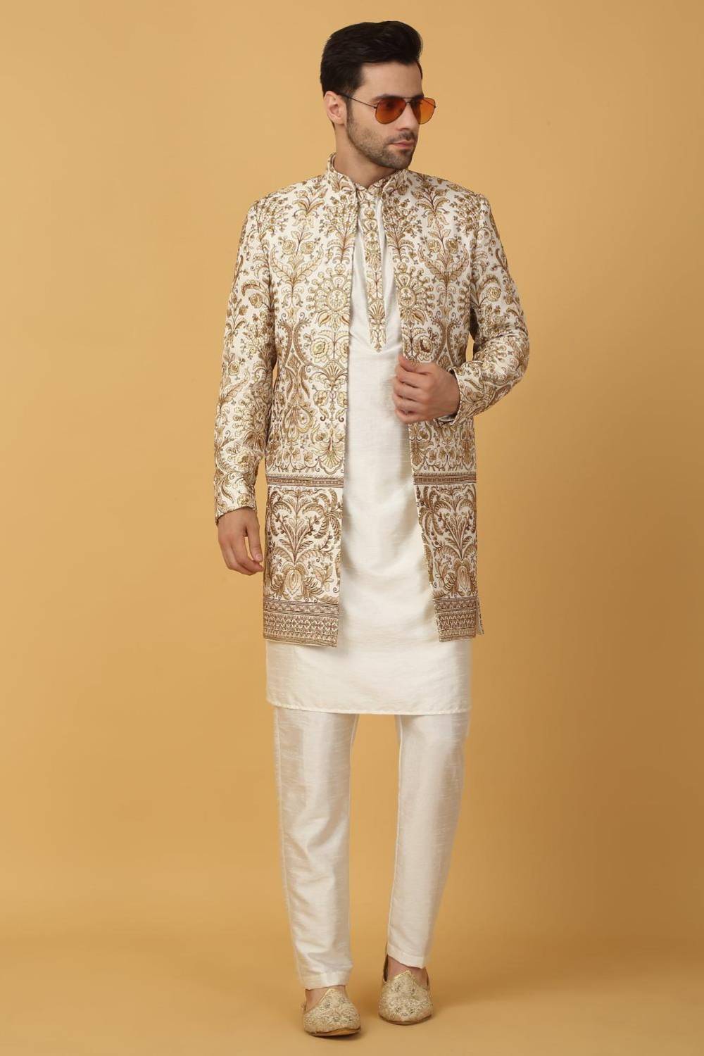 Nizam Embroidered Indo Western Jacket Set - Ivory