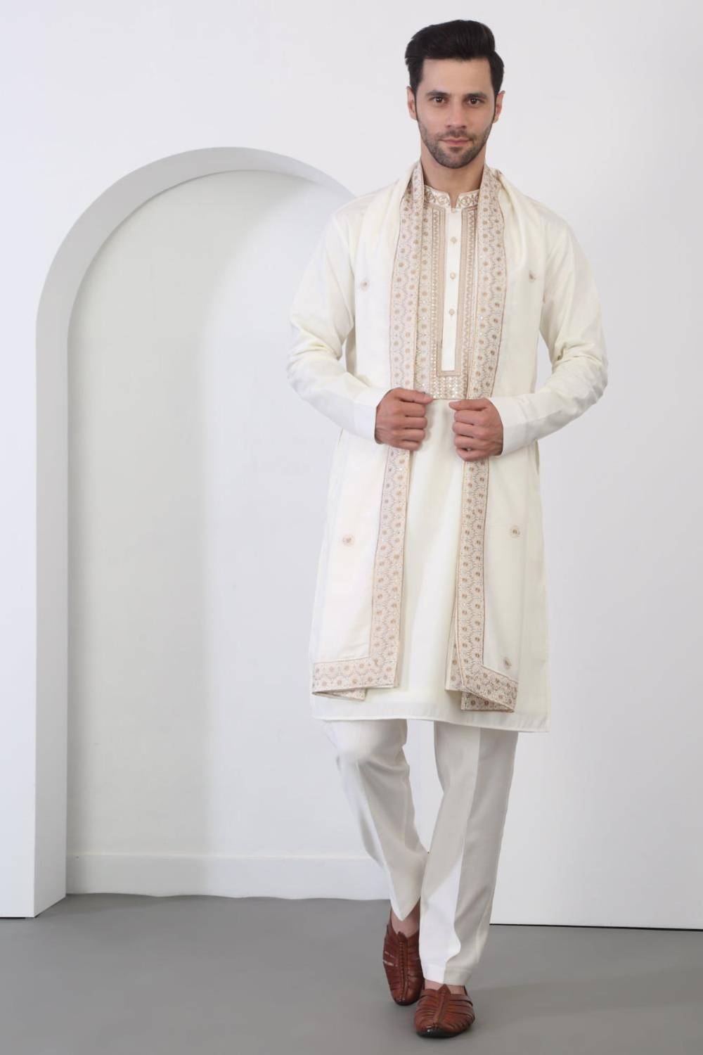 Nawaab Embroidered  Kurta Dupatta Pants Set - Cream