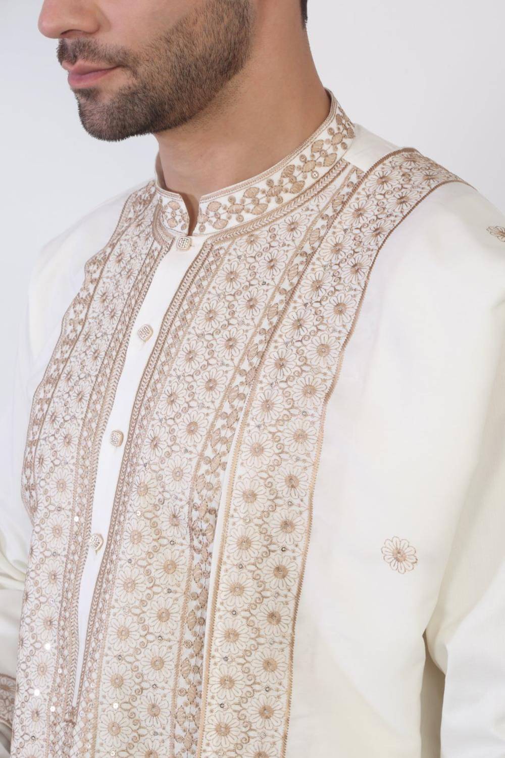 Nawaab Embroidered  Kurta Dupatta Pants Set - Cream