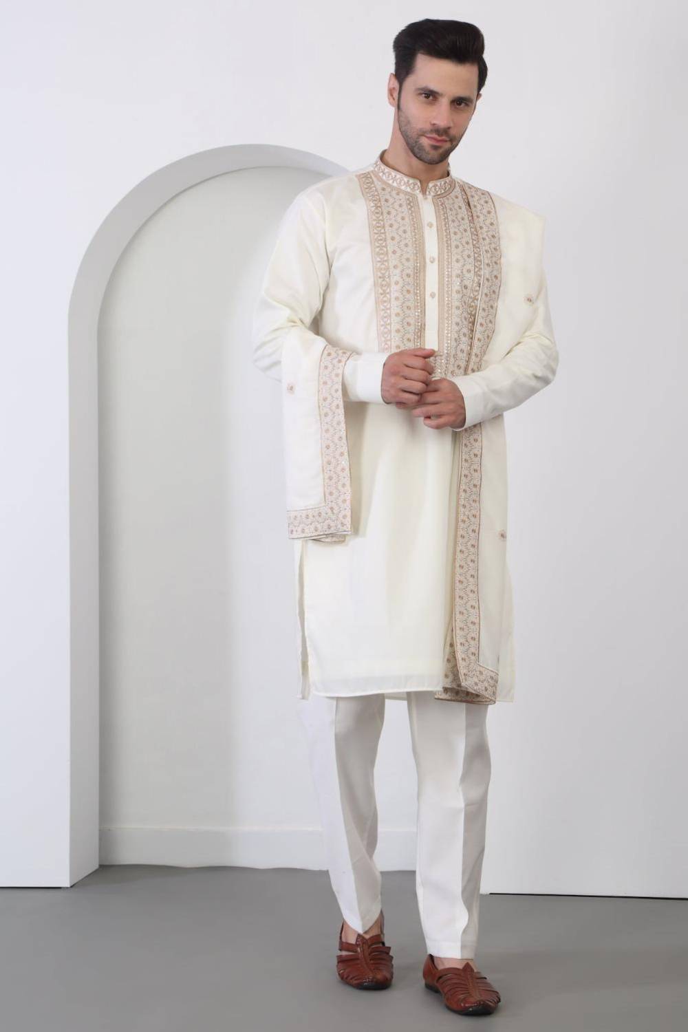 Nawaab Embroidered  Kurta Dupatta Pants Set - Cream