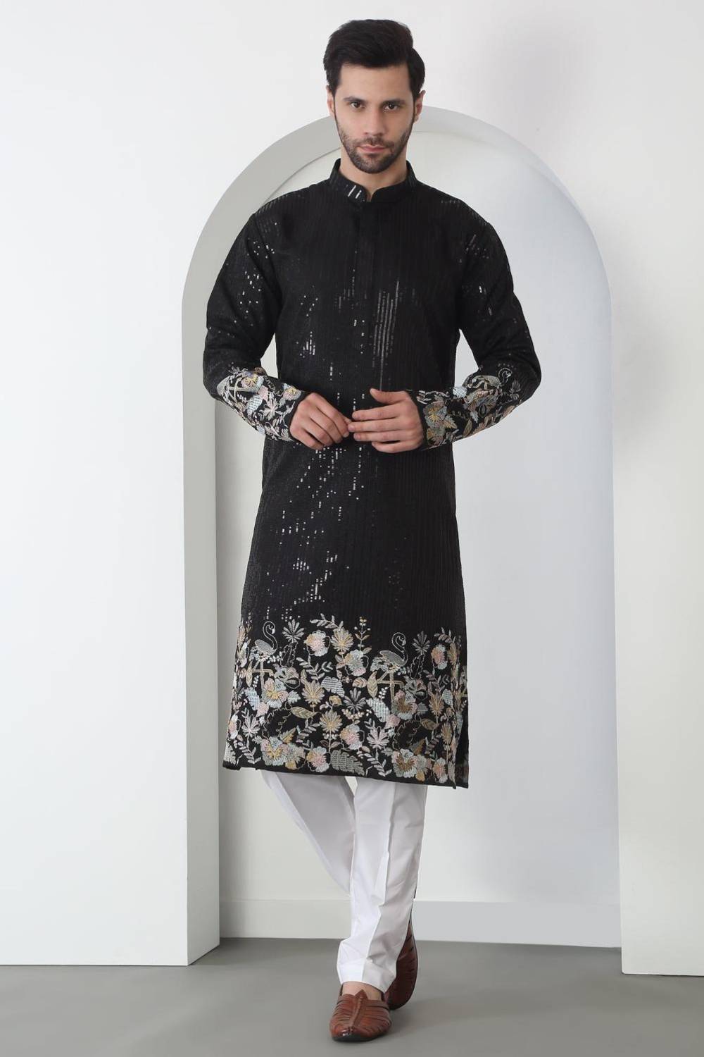 Neelkamal Black Cotton Embroidered Floral Thread Kurta Set