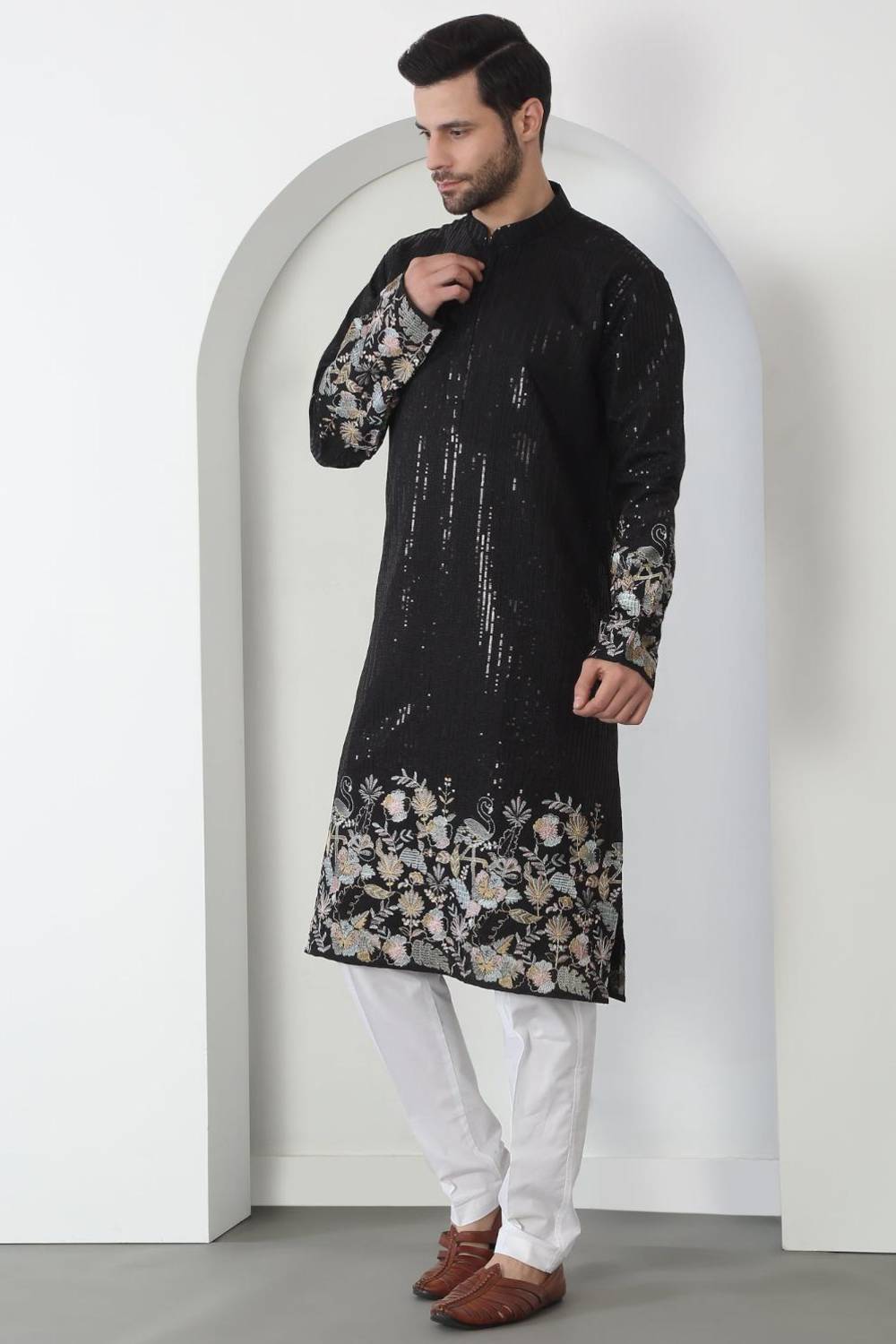 Neelkamal Black Cotton Embroidered Floral Thread Kurta Set