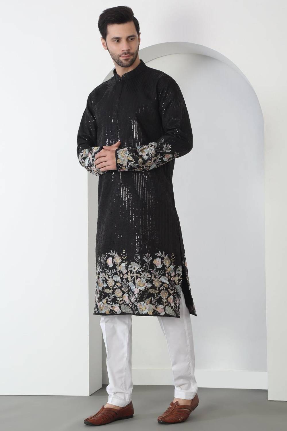 Neelkamal Black Cotton Embroidered Floral Thread Kurta Set