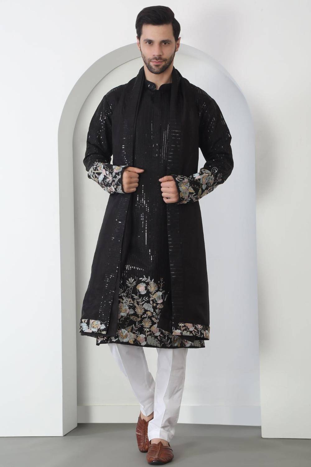 Neelkamal Black Cotton Embroidered Floral Thread Kurta Set