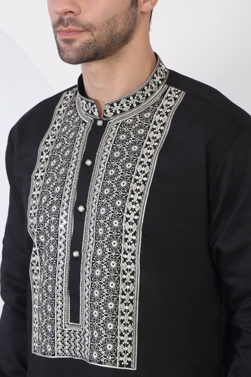Nawaab Embroidered  Kurta Dupatta Pants Set - Black
