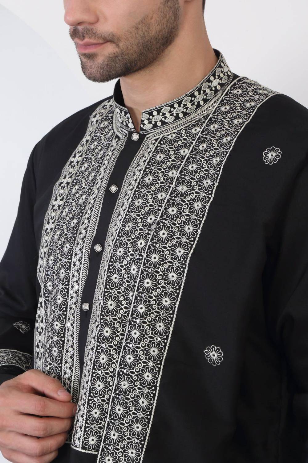 Nawaab Embroidered  Kurta Dupatta Pants Set - Black