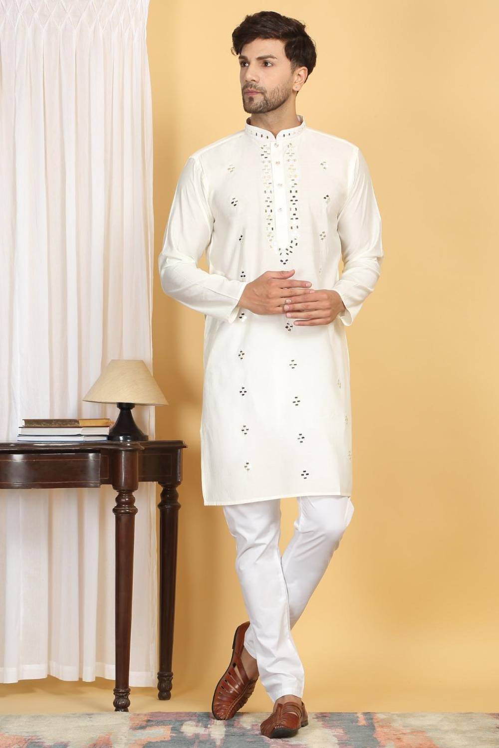 Swarna Mirror Work Kurta And Pant Set - Cream