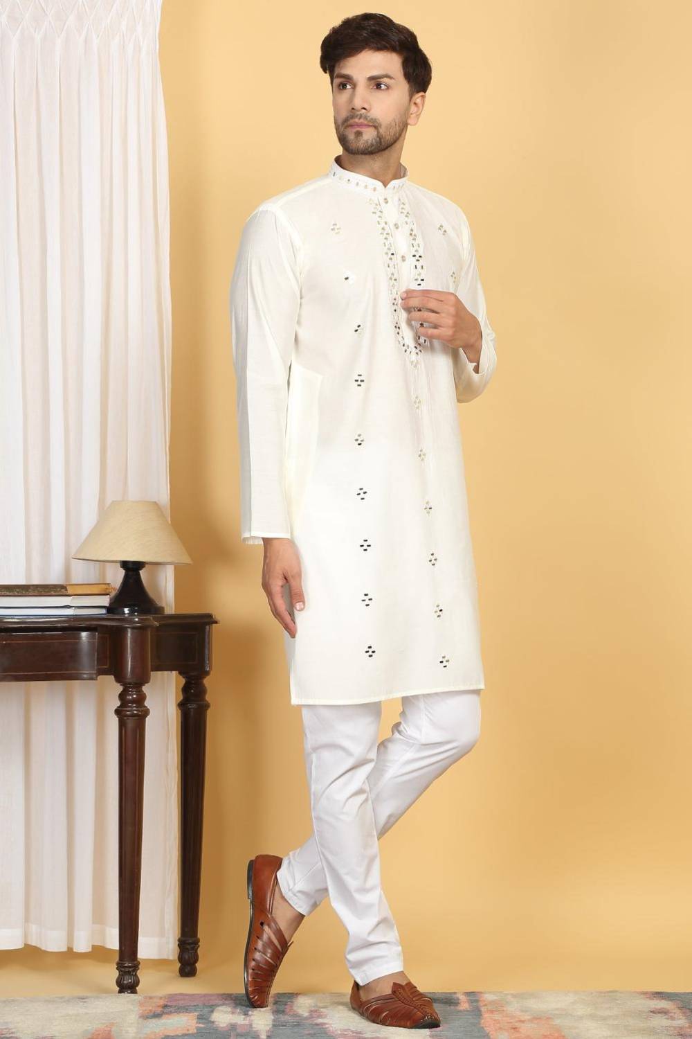 Swarna Mirror Work Kurta And Pant Set - Cream