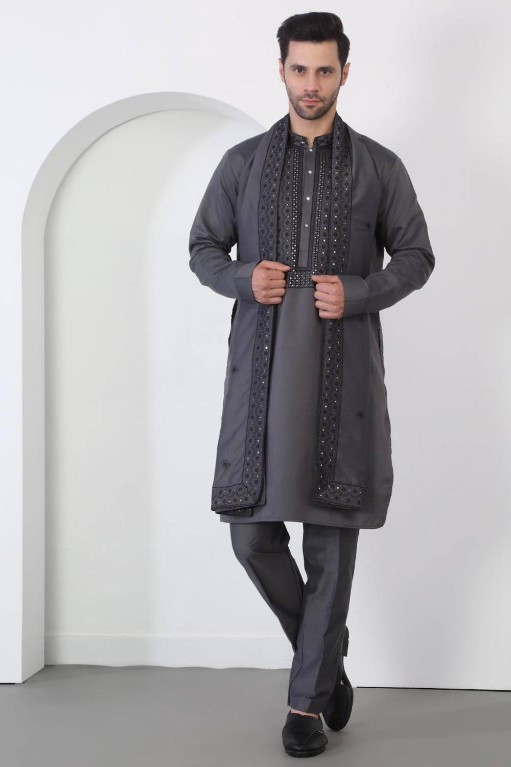 Nawaab Embroidered  Kurta Dupatta Pants Set - Grey