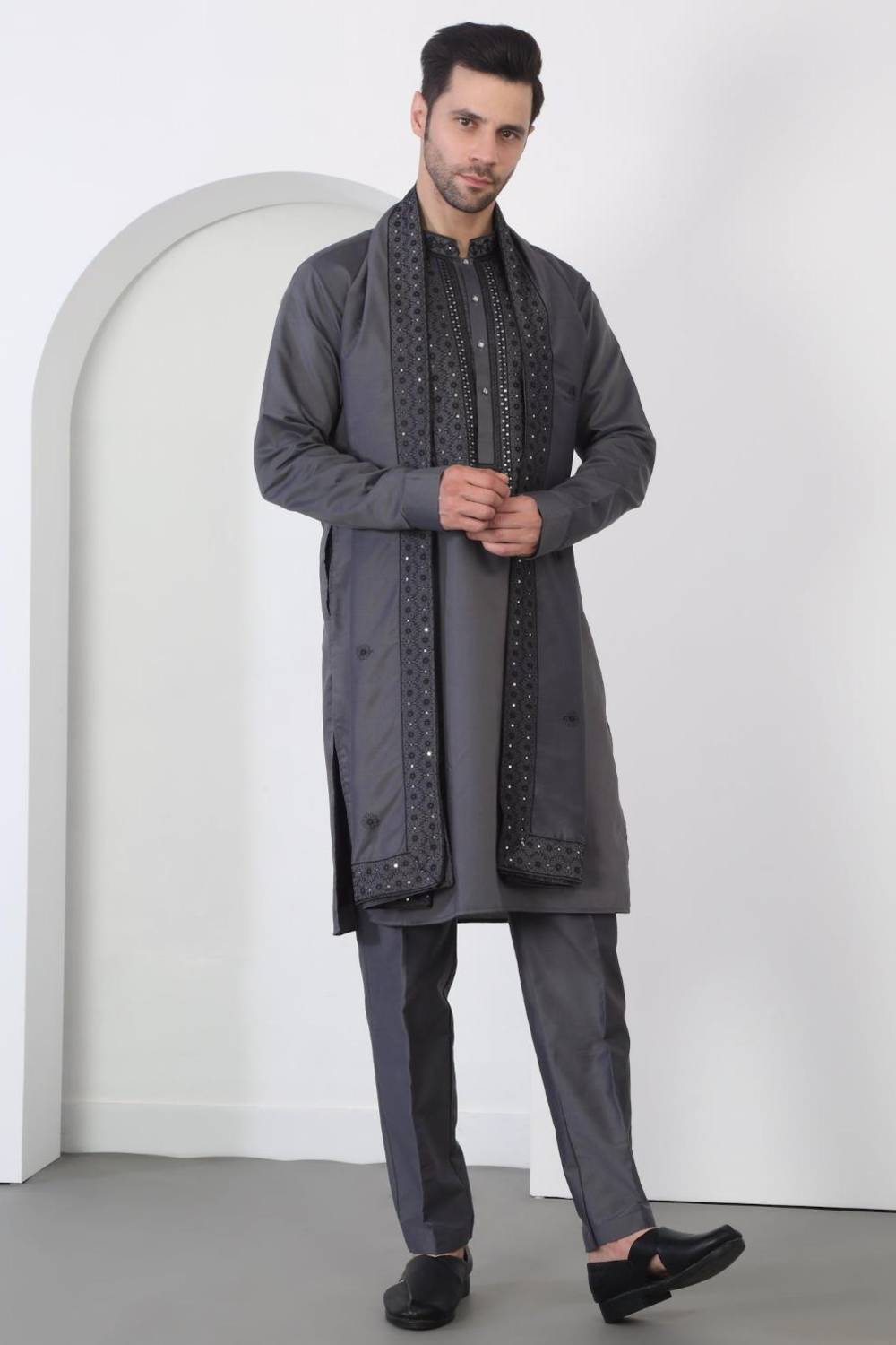 Nawaab Embroidered  Kurta Dupatta Pants Set - Grey