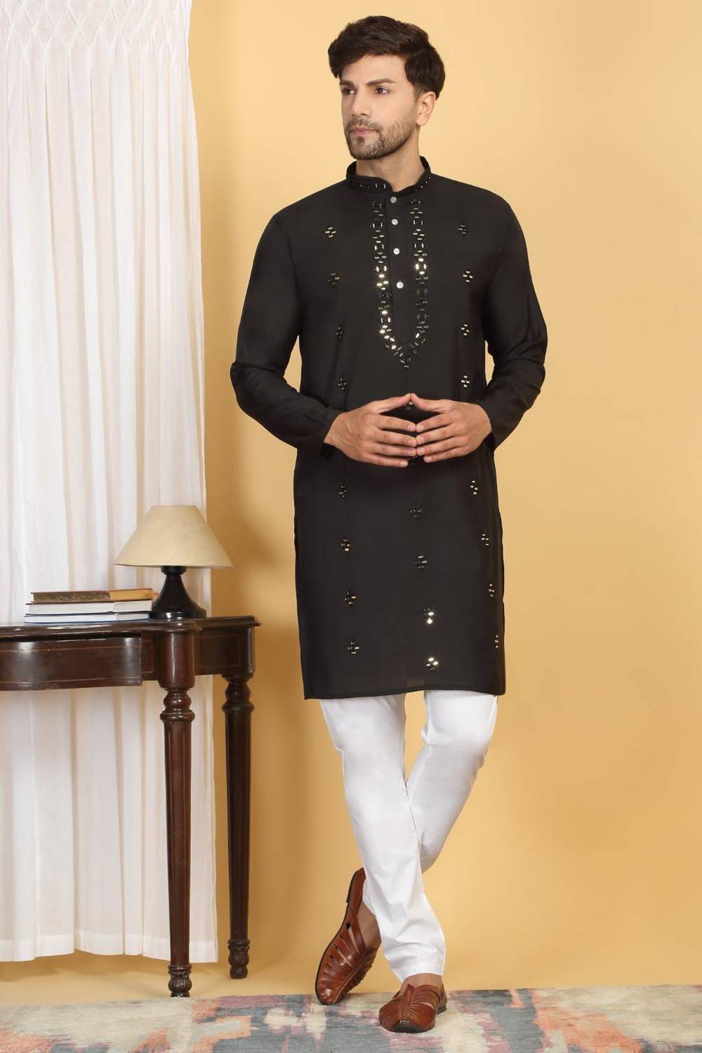 Swarna Mirror Work Kurta And Pant Set - Black