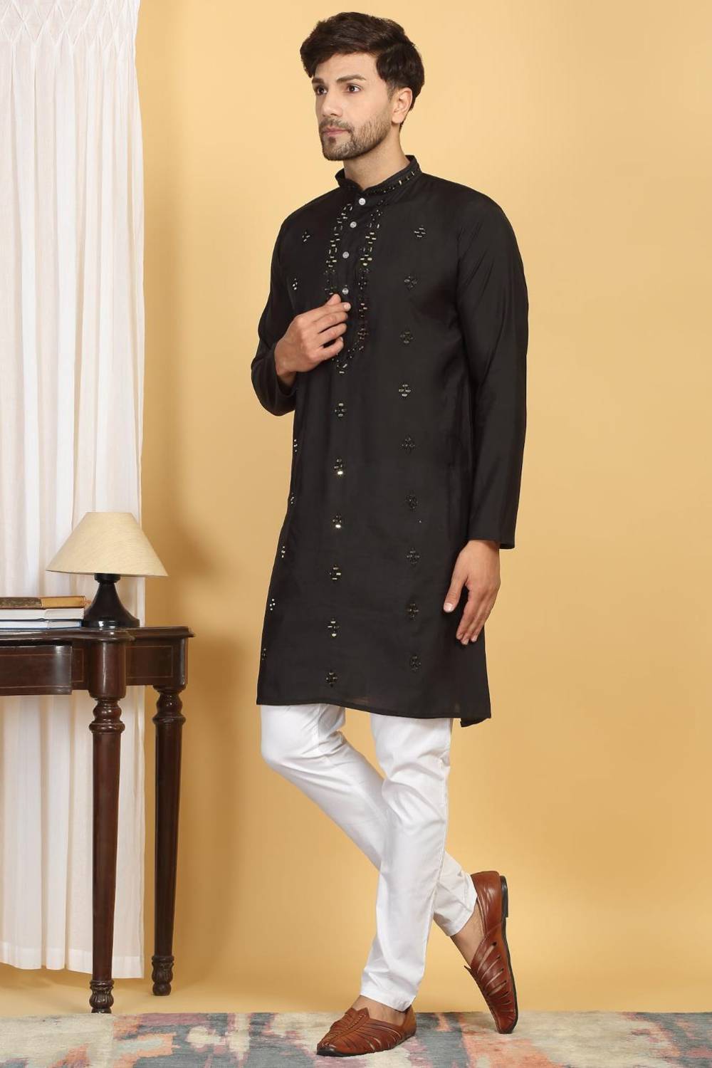 Swarna Mirror Work Kurta And Pant Set - Black