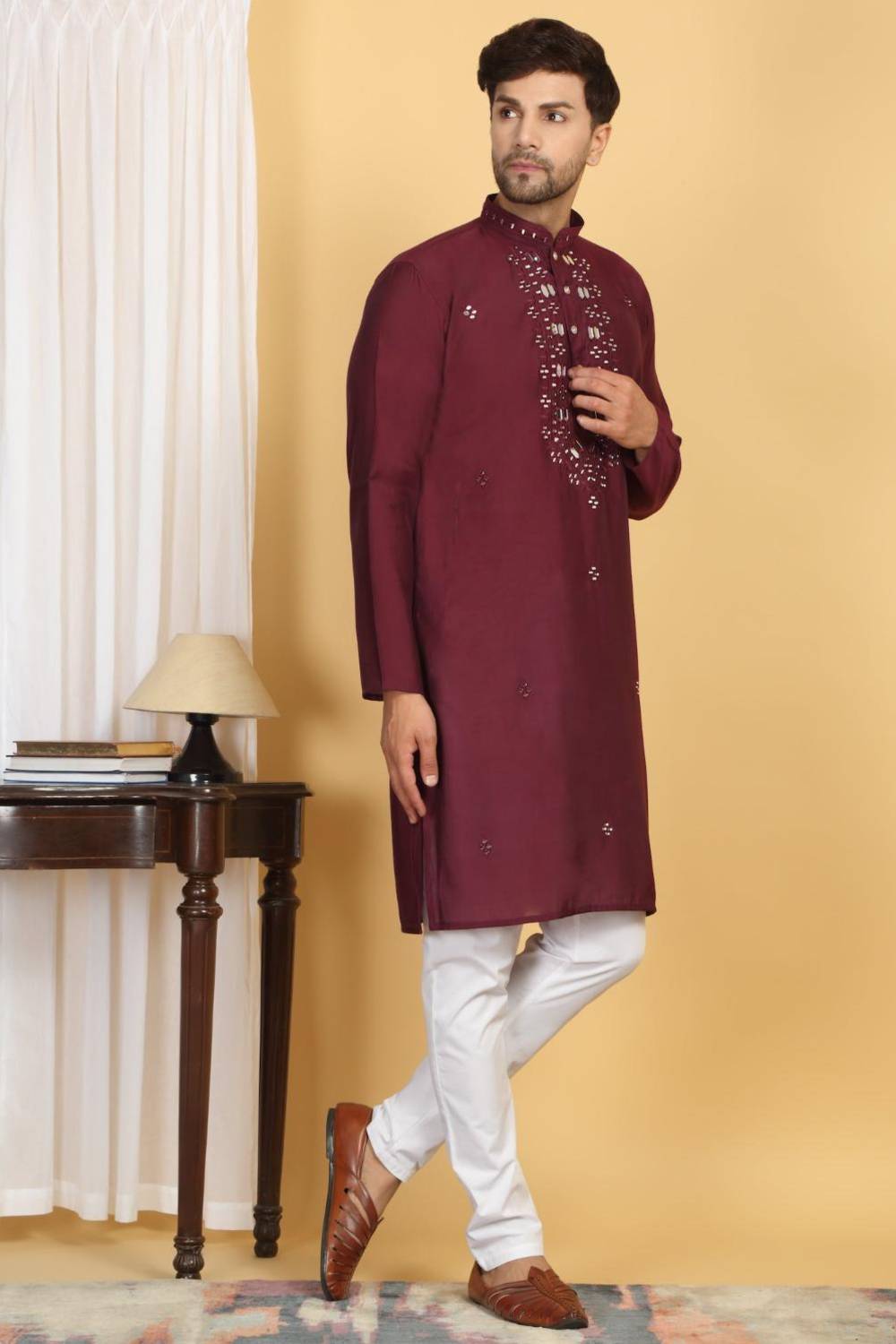 Rajat Mirror Embroidery Work Kurta And Pant Set - Maroon Wine