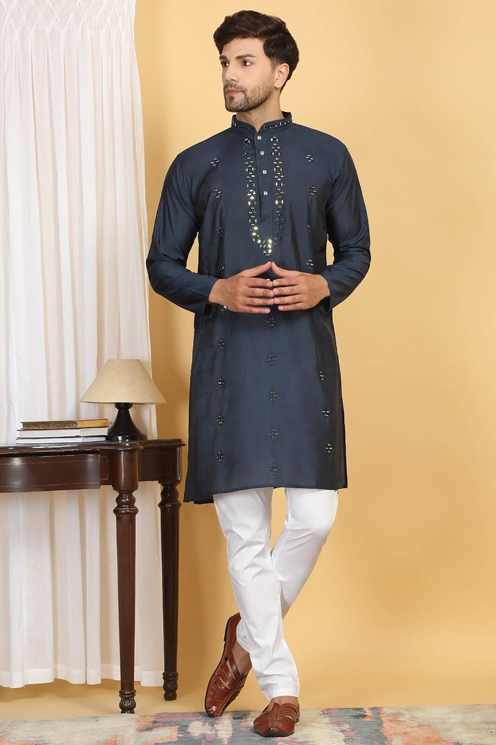 Swarna Mirror Work Kurta And Pant Set - Ink Blue