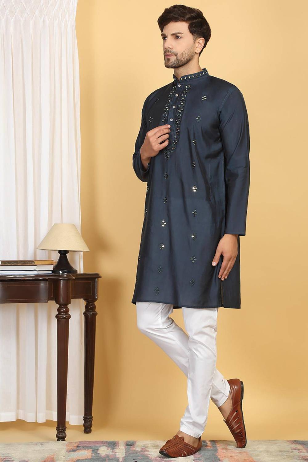 Swarna Mirror Work Kurta And Pant Set - Ink Blue