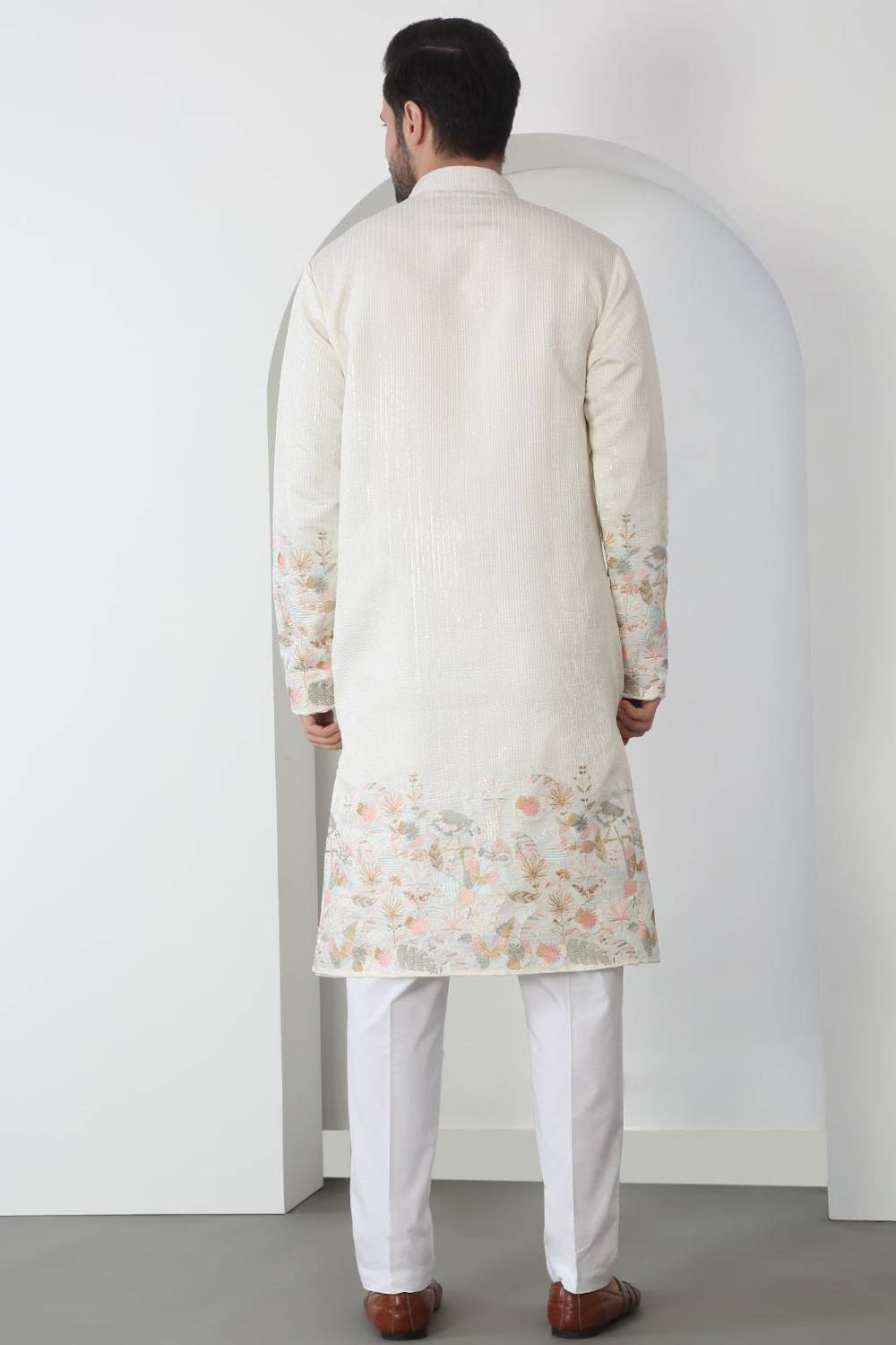 Shwet Off White Cotton Embroidered Sequin Floral Thread Kurta Set