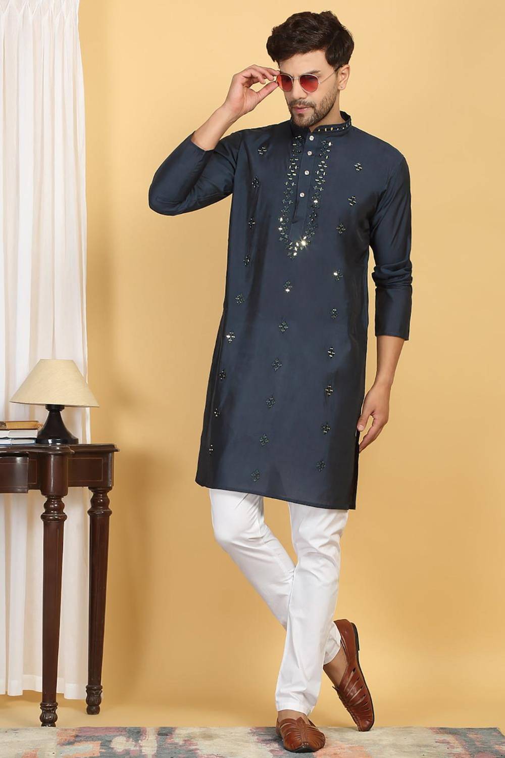 Swarna Mirror Work Kurta And Pant Set - Ink Blue