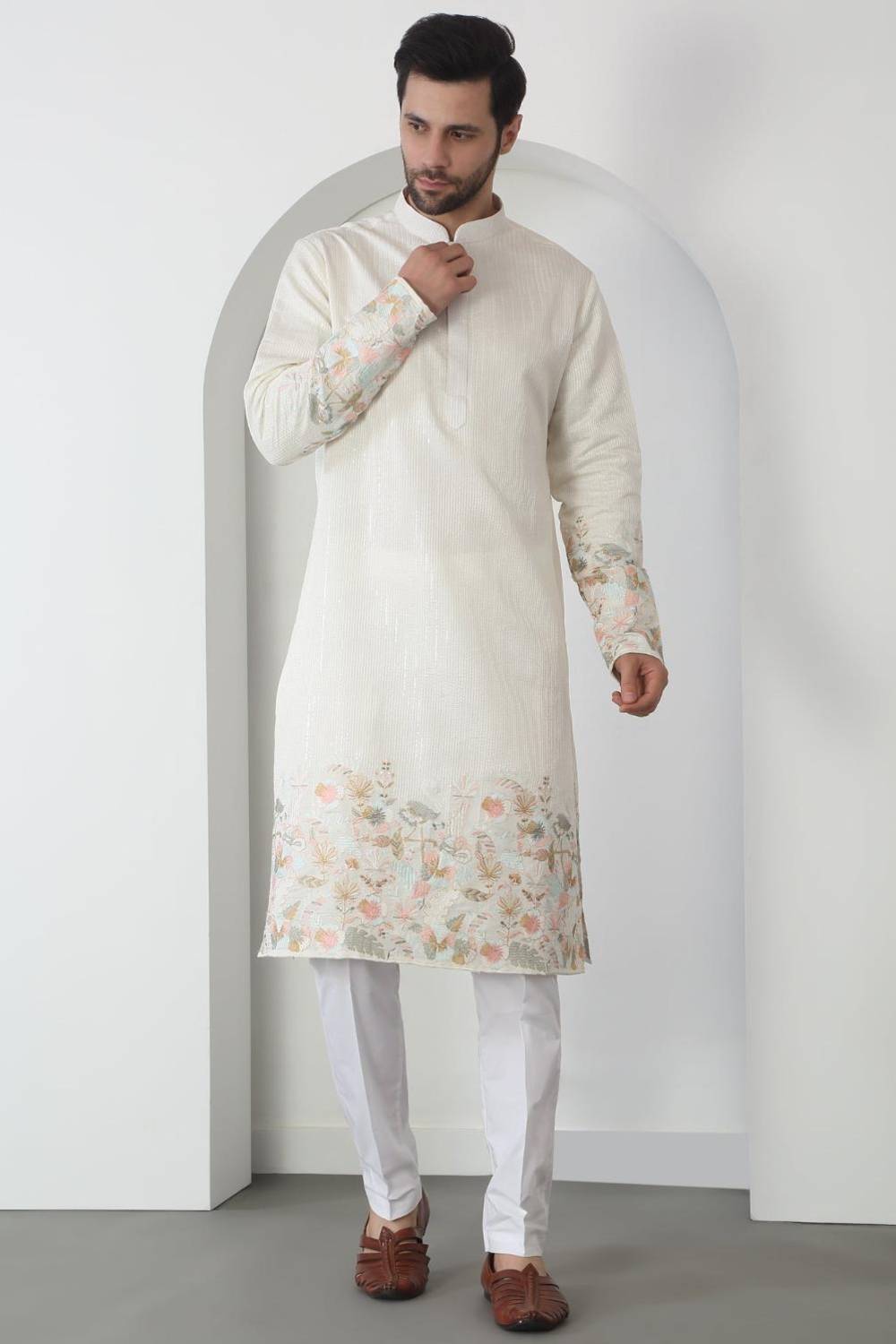 Shwet Off White Cotton Embroidered Sequin Floral Thread Kurta Set