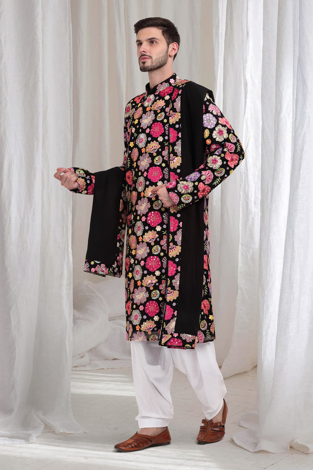 Pushpvilaas Embroidered Flower Kurta Patiala Set- Black