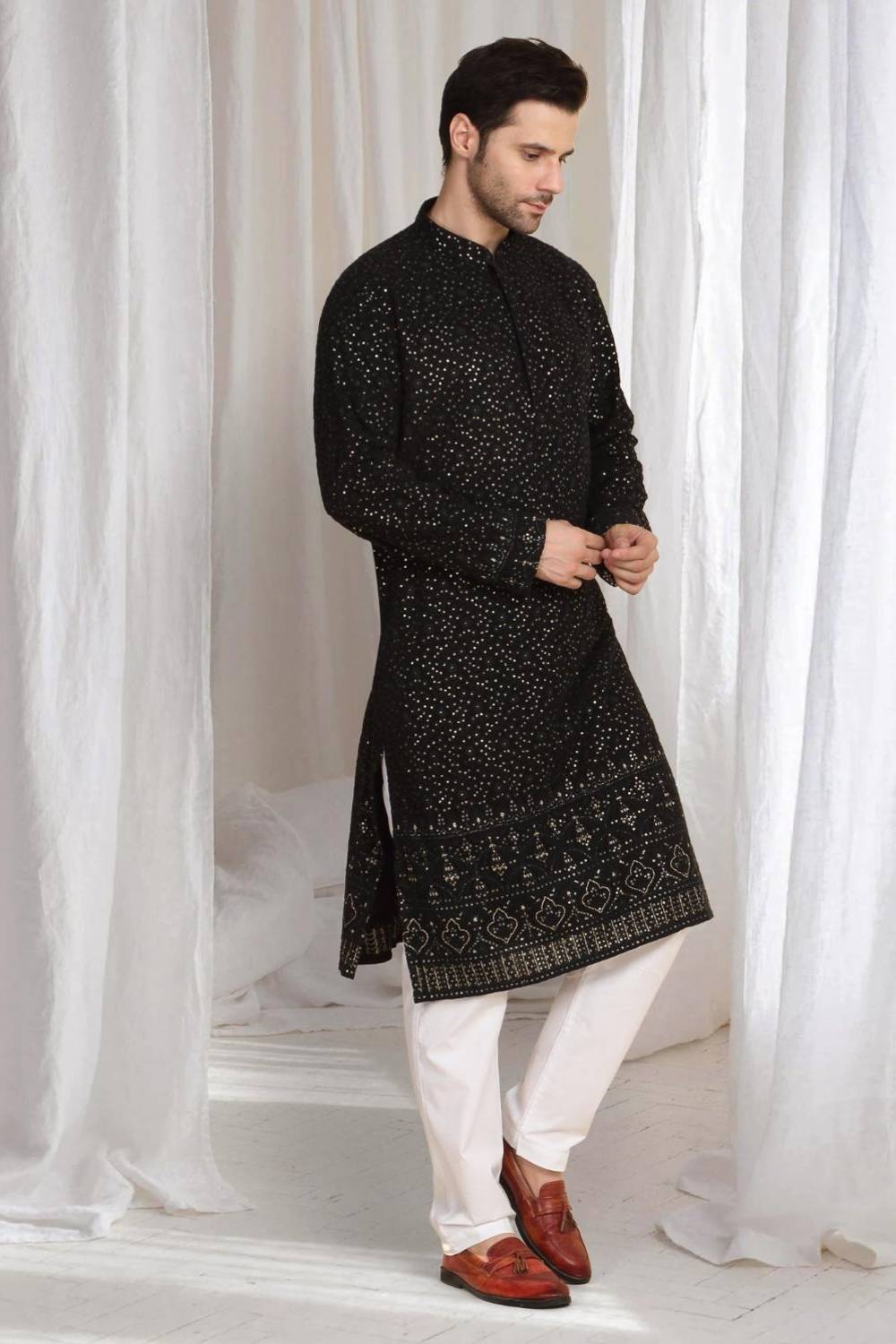Mehfil Cotton Embroidery Thread Kurta Set - Black