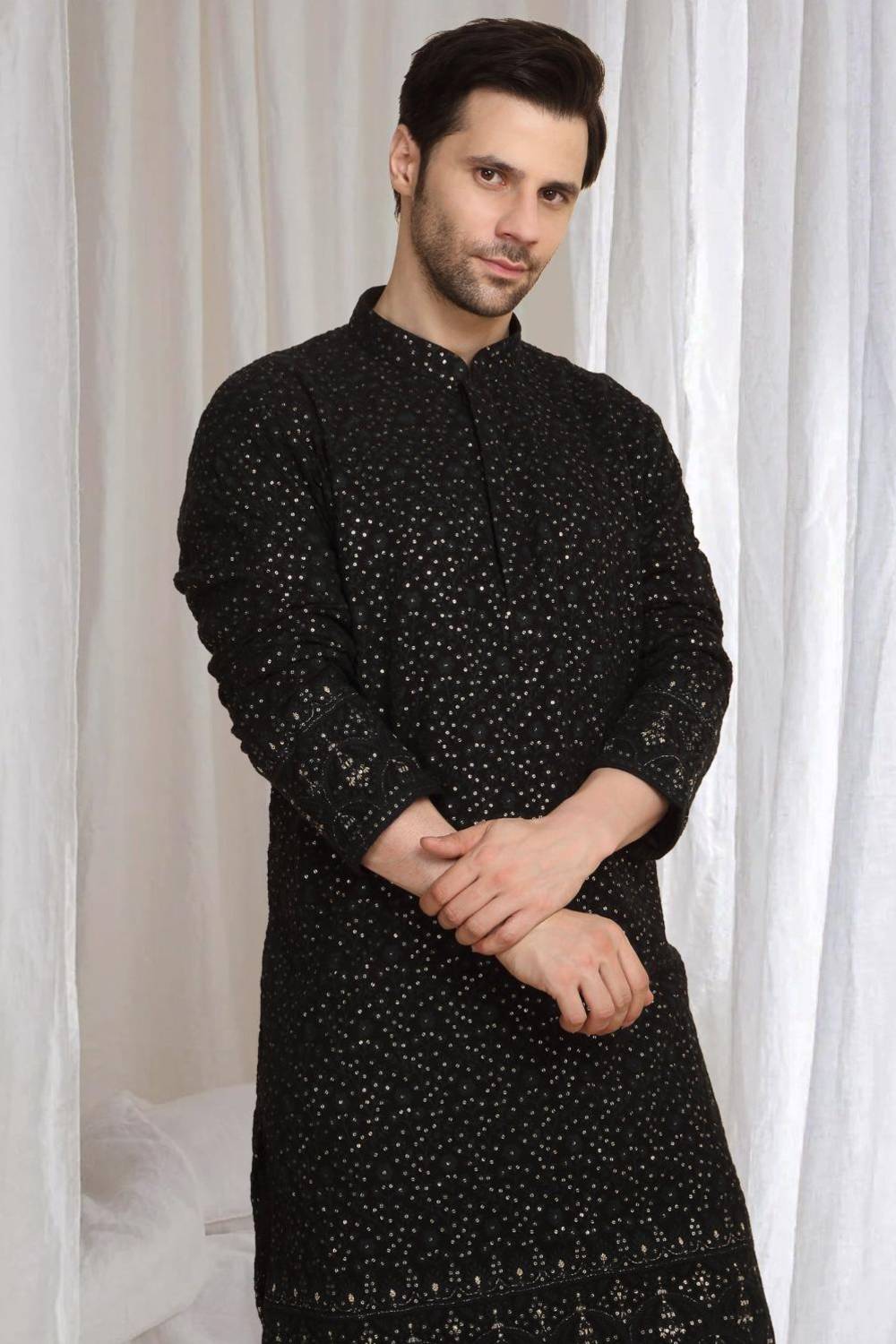 Mehfil Cotton Embroidery Thread Kurta Set - Black