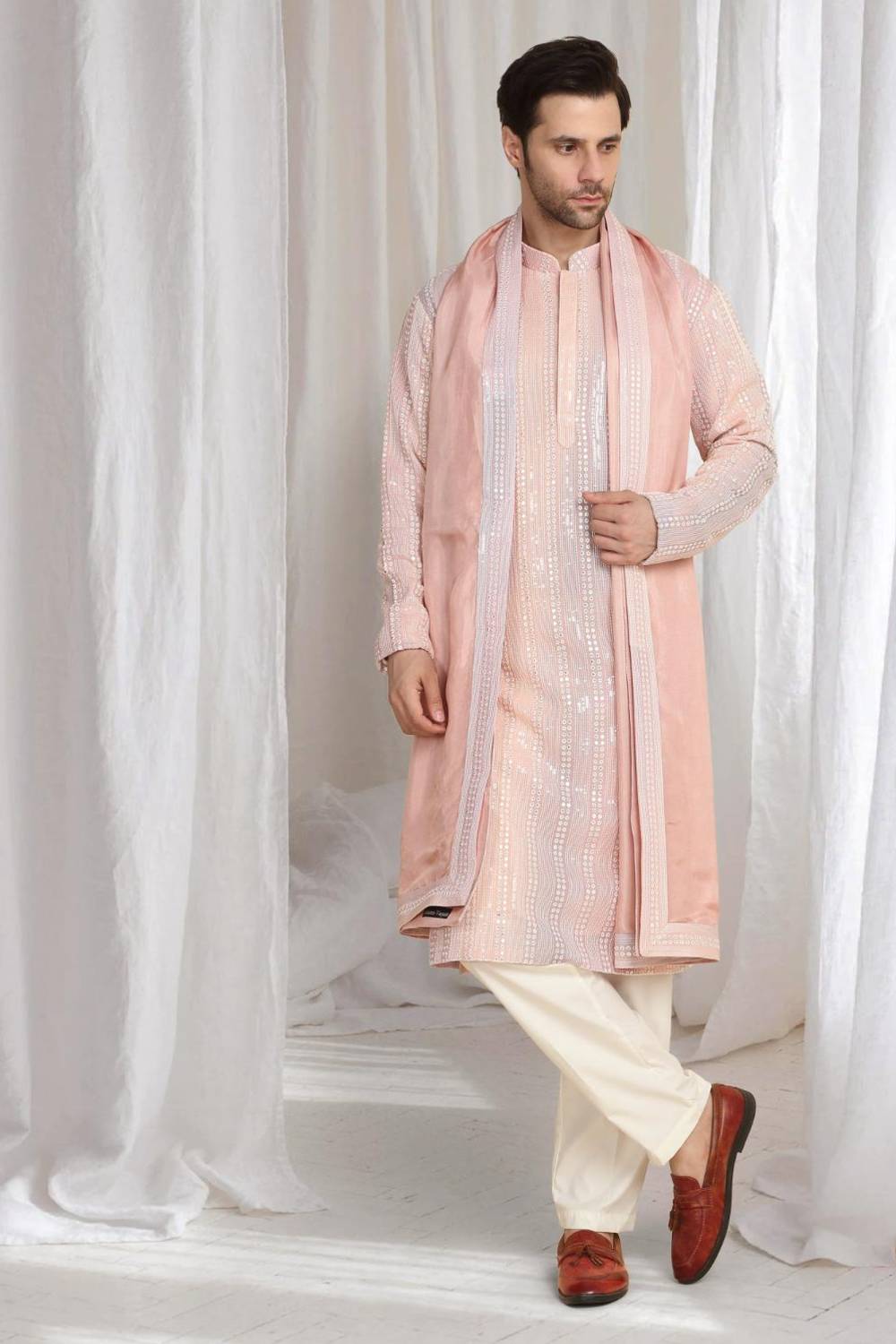Ambar Ombre Embroidered Kurta Dupatta Set - Pastel Coral