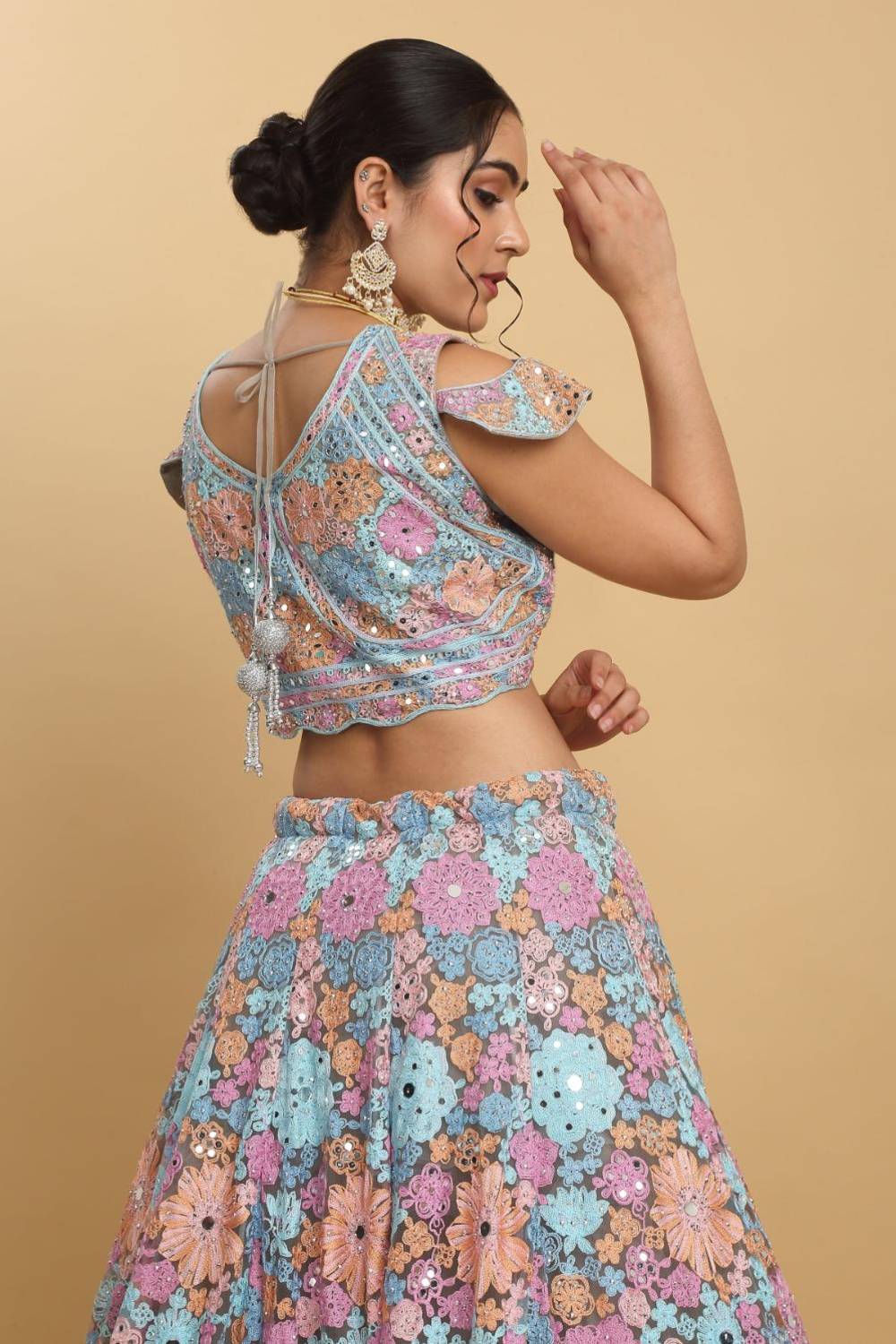 Bahaara  Thread And Mirror Embroidered Layered Lehenga Set