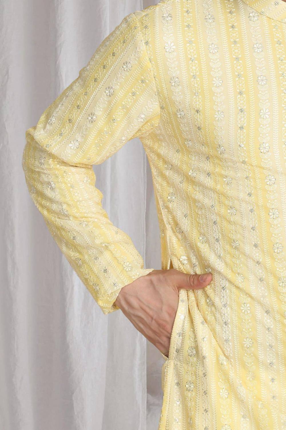 Prafull Yellow Cotton Embroidery Pastel Kurta Set